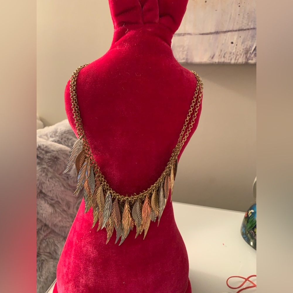 Gold, Silver, and Rose Gold Feather Fringe Double chain Necklace.